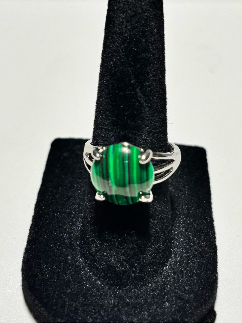 Green Striped Malachite Round  Stone with Silver Band with side design. Size 8-9